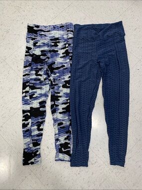 YMI women two piece set yoga stretch leggings size small s blue camouflage